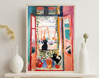 マティスの猫のアートプリント：開いた窓、黒猫（デジタルダウンロード）