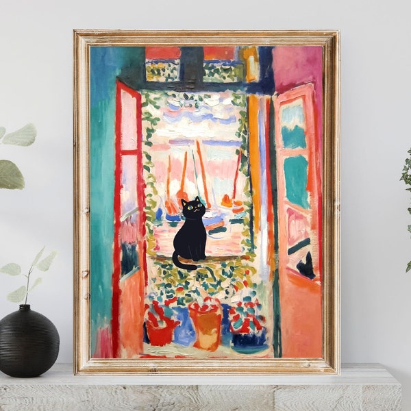 Matisse Cat Print: The Open Window, Black Cat Art (Digital Download)