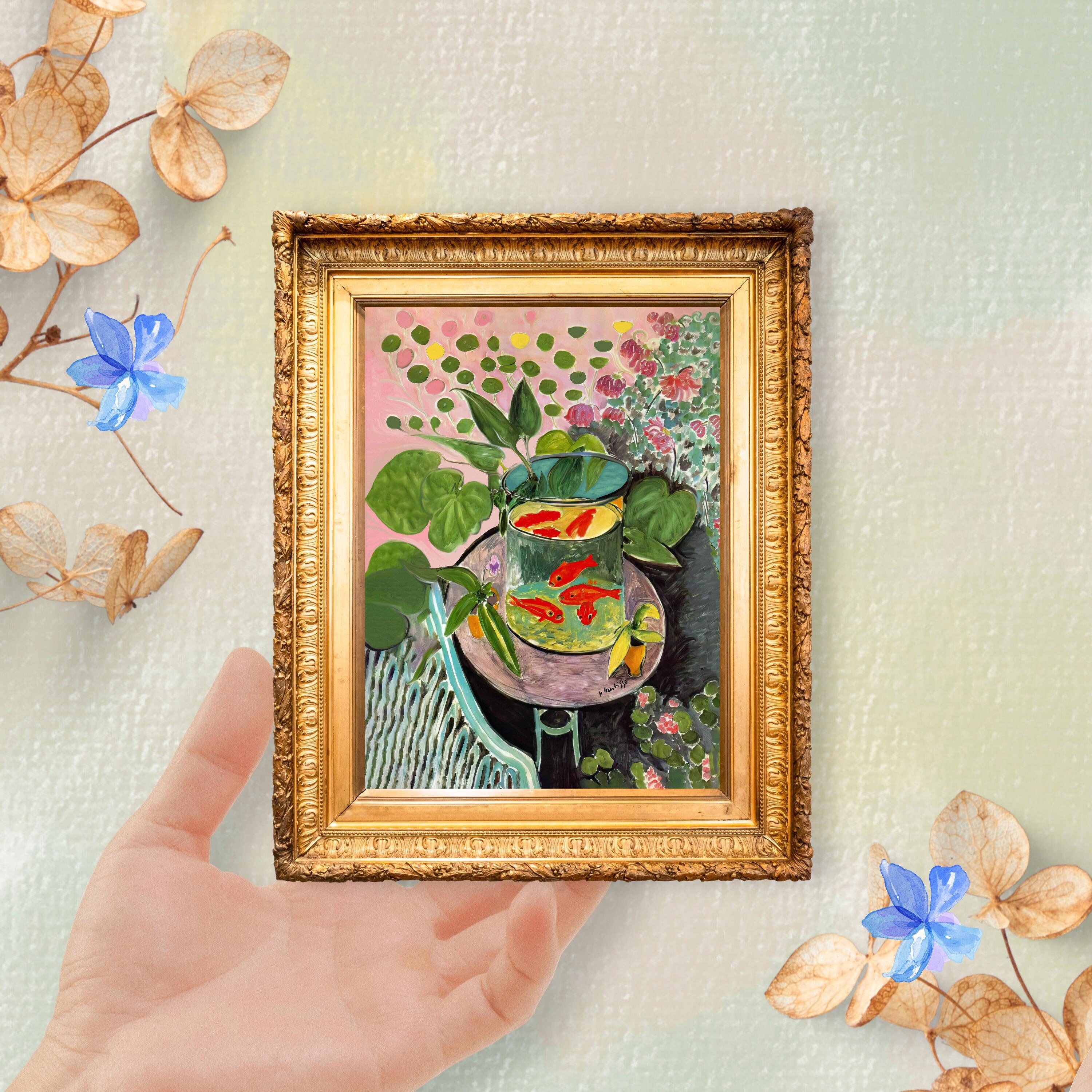 マティス「金魚」ミニチュアアートプリント：農家風ミニ絵画（フレーム