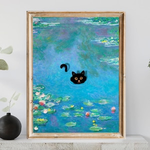 Monet Water Lily Cat Art Print: Funny Black Cat Poster (Digital Download)