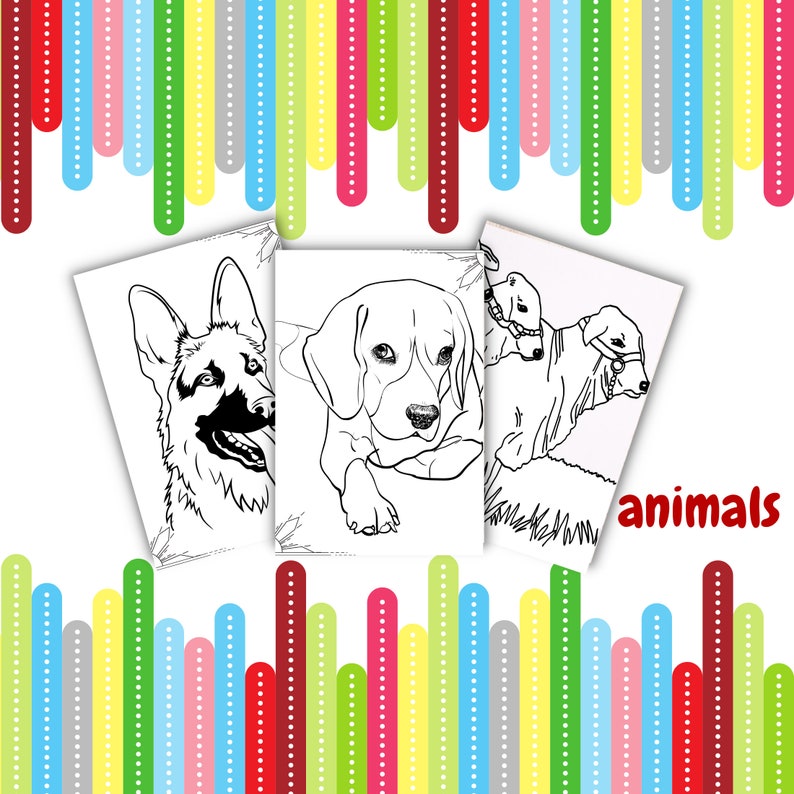 May include: Three black and white line drawings of dogs on white paper. The dogs are a German Shepherd, a Beagle, and a Bloodhound. The word "animals" is printed in red at the bottom of the page.