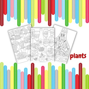 May include: Three black and white coloring pages featuring different arrangements of succulents in containers. The title of the coloring pages is "plants".