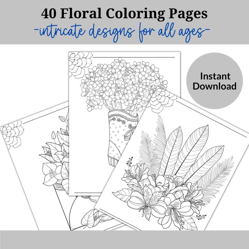 May include: Four black and white coloring pages featuring intricate floral designs. The designs include a bouquet of flowers in a vase, a single flower with leaves, and two different arrangements of flowers and leaves.