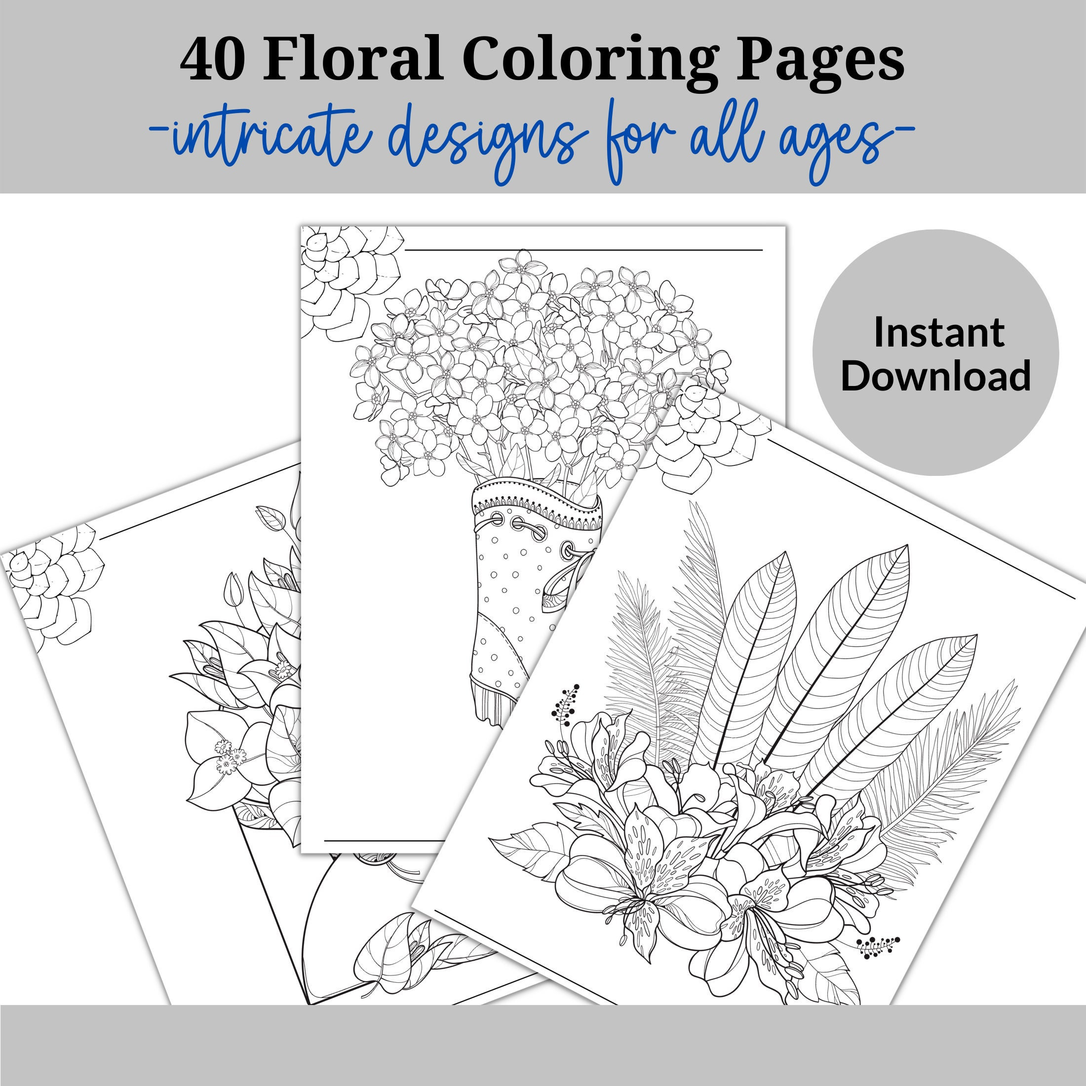 40 Floral Coloring Pages Bundle, Beautiful Flowers Coloring Book ...