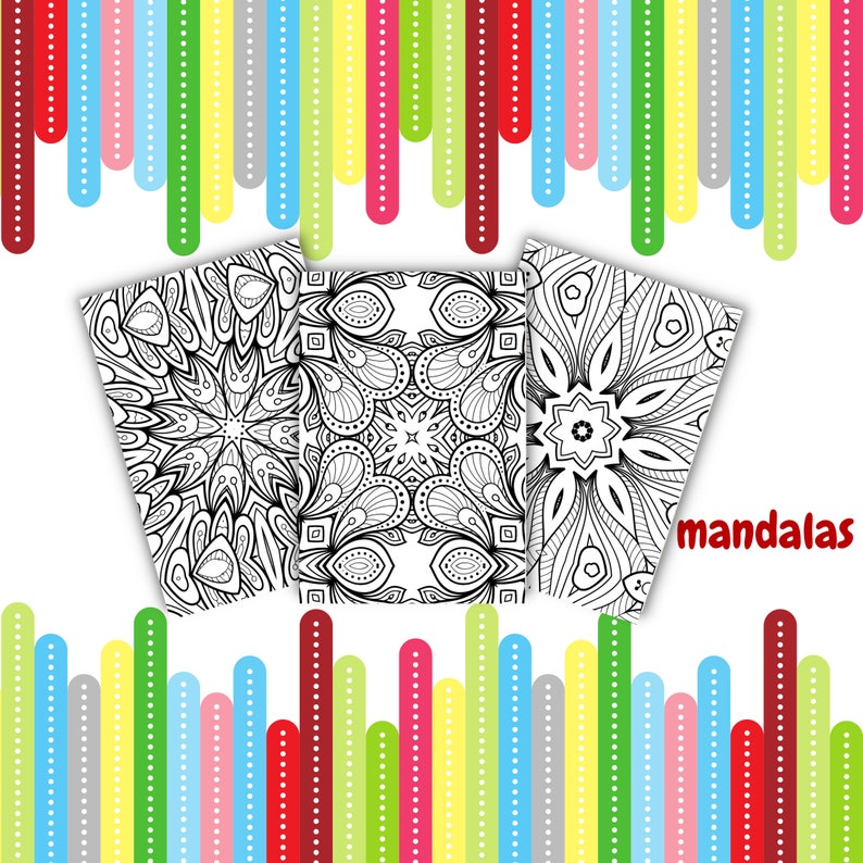 May include: Three black and white mandala designs on white paper with the word "mandalas" in red text at the bottom of the image. The designs are surrounded by a border of colorful vertical stripes with white polka dots.
