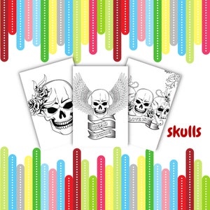 May include: Three black and white skull illustrations. The first skull has flowers around it. The second skull has wings and a banner that says "Dead Inside". The third skull has a banner that says "Love is Dead".