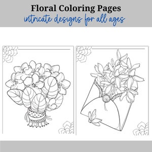May include: Two black and white coloring pages featuring floral designs. The first page shows a bouquet of flowers tied with a ribbon. The second page shows a bouquet of flowers in an envelope.