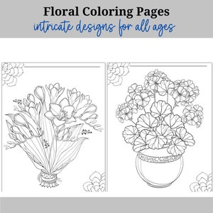 May include: Two black and white line drawings of floral bouquets. The first bouquet is a bunch of freesia flowers. The second bouquet is a potted geranium plant.