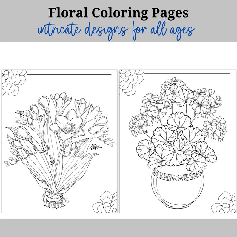 May include: Two black and white line drawings of floral bouquets. The first bouquet is a bunch of freesia flowers. The second bouquet is a potted geranium plant.