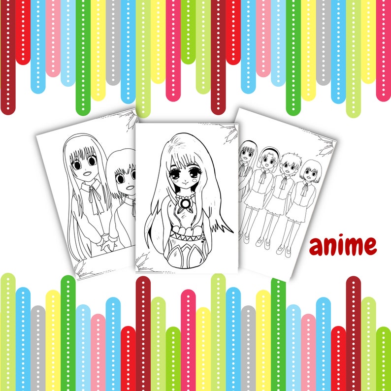 May include: Three black and white coloring pages featuring anime characters. The first page shows two girls with long hair, the second page shows a girl with long hair and a crown, and the third page shows four girls with long hair. The text "anime" is written in red at the bottom of the page.