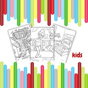 May include: Three black and white coloring pages for kids. The first page shows a treehouse in a tree. The second page shows two people in a sauna. The third page shows a bedroom with a bed and a window.