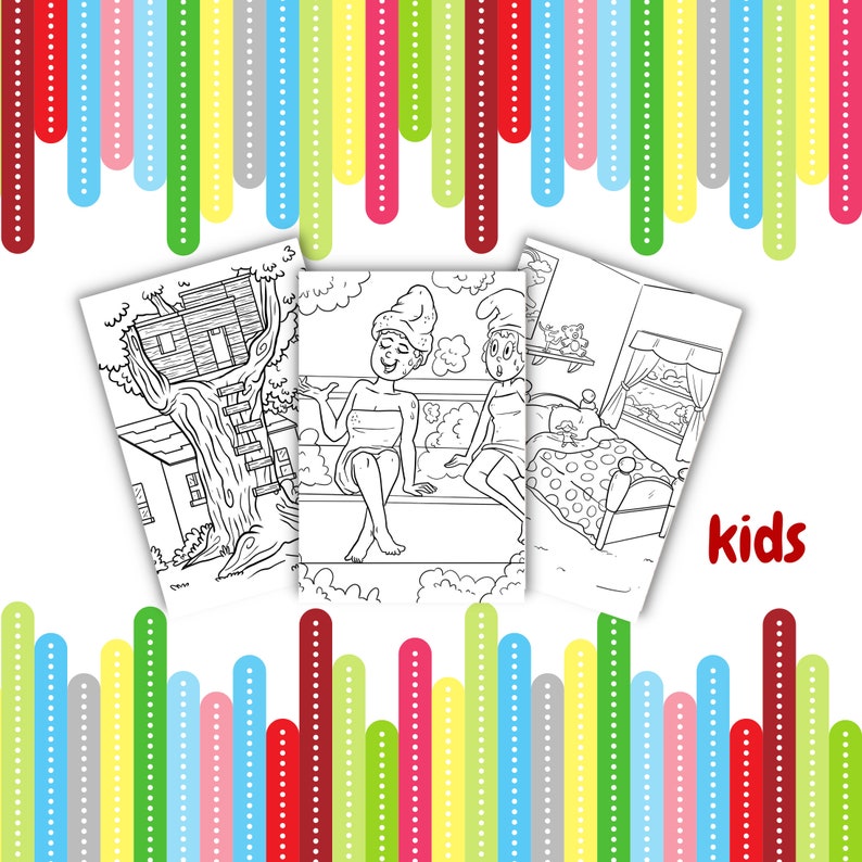 May include: Three black and white coloring pages for kids. The first page shows a treehouse in a tree. The second page shows two people in a sauna. The third page shows a bedroom with a bed and a window.