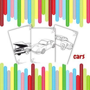 May include: Three black and white line drawings of vintage cars on white paper. The cars are a classic sports car, a station wagon, and a sedan. The word "cars" is written in black at the bottom of the page.