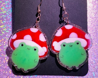 Kawaii Frog Earrings: Mushroom Hat, Nickel-Free