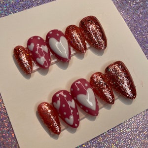 Pink Heart Nails | Love Design Press On Nails | Sparkly Design Nails| Easy Press On |