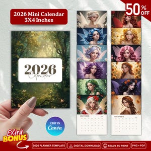 Puede incluir: Un mini calendario de 2026, de 7,6 x 10,2 cm, con una portada de escena de bosque e ilustraciones de hadas para cada mes. El calendario incluye el texto "2026 Calendar", "Edit in Canva" y "Extra Bonus". También se muestra una promoción del 50%.