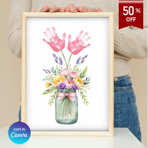 Arte con huella de mano para el Día de la Madre, Regalo para mamá con huella de mano, Manualidad para el Día de la Madre, Recuerdo para niños con huella de mano, Arte con huella de mano para mamá, Imprimibles de flores