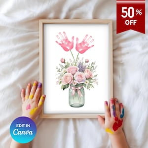 empreinte de main fête des mères art fête des mères empreinte de main rose fleurs à imprimer empreinte de main d'enfant en bas âge artisanat cadeau fête des mères des enfants floral imprimé
