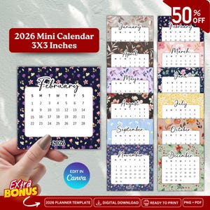 May include: A collection of 2026 mini calendars, each 3x3 inches, featuring floral designs. The February calendar is held by a hand. The calendars include months from January to December. Text includes "2026 Mini Calendar" and "50% OFF".