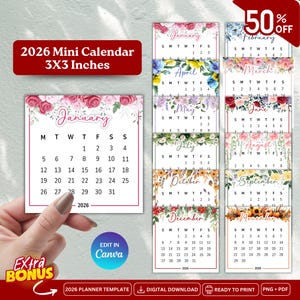 2026 Printable 3x3 Mini Watercolor Floral Desk Calendar | Printable Mini Calendar 2026 |  2026 3x3 Mini Calendar | 2026 Monthly calendar