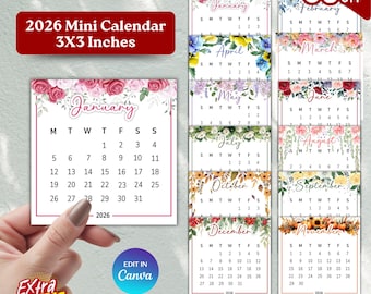 Calendario de escritorio imprimible 2026 de 3x3 con diseño floral en acuarela / Mini calendario imprimible 2026 / Mini calendario 2026 de 3x3 / Calendario mensual 2026