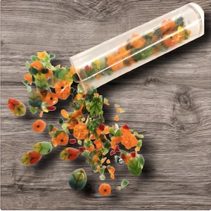 May include: A clear plastic tube spills out colorful glass beads shaped like orange pumpkins and green leaves. The beads are scattered on a wooden surface, creating a decorative fall-themed display.