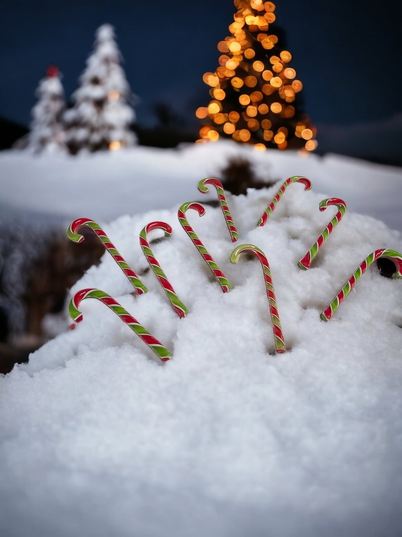 May include: A group of red and green candy canes are partially buried in a snowdrift. The candy canes are arranged in a fan shape, with the tips pointing towards the viewer. A blurry Christmas tree with lights is in the background.