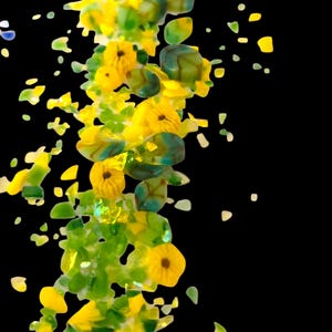 May include: Abstract artwork featuring a vertical arrangement of yellow and green floral elements against a black background. The design includes scattered petal-like shapes, creating a dynamic and artistic composition. The colors are vibrant and the overall effect is eye-catching.