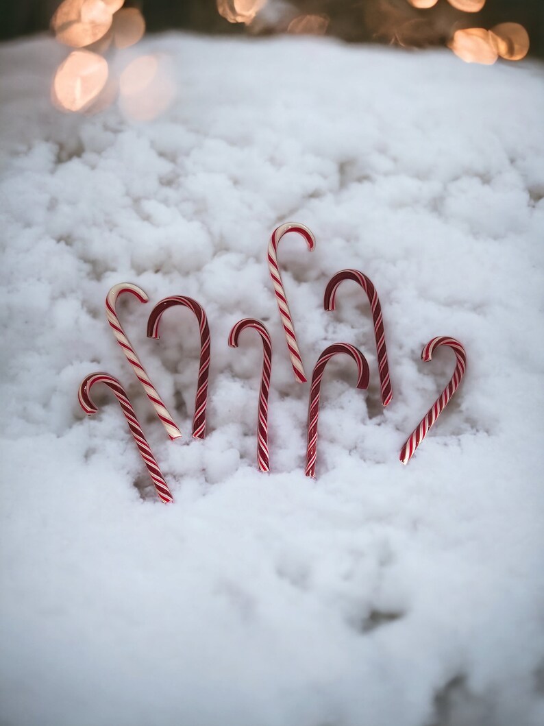 May include: Red and white candy canes arranged in a fan shape on a white snowy surface.