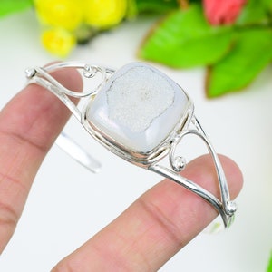Beautiful White Druzy  Cuff Bangle Gemstone Silver Bangle, 925 Sterling Silver Bangle Handmade Silver Jewelry Bangle Valentine&#39;s Day Gift