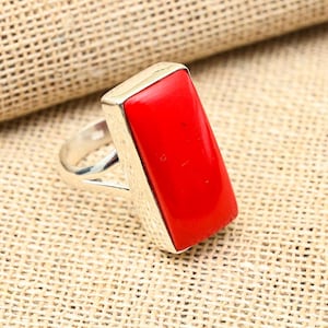Charmiga röda korallring-smycken, 925 massivt sterlingsilverring, otrolig korall ädelstensring, handgjord stapelring, mors dag-present