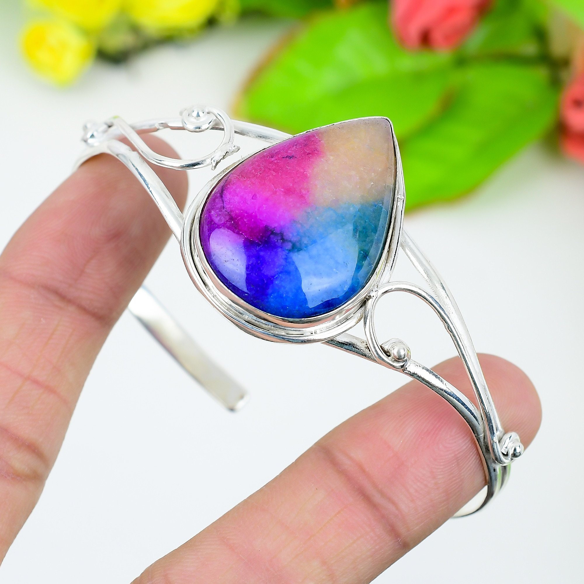 Rainbow Solar Quartz Gemstone Cuff Bangle 925 Sterling Silver Jewelry Handmade Silver Bangle Rainbow Solar Quartz Cuff Bangle Gift For Her