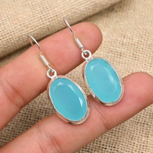 925 Solid Sterling Silver Blue Chalcedony Earring Gemstone Handmade Jewelry For Her Blue Chalcedony Earring Jewelry For Wedding Gift