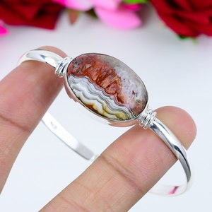 Bracelet jonc dentelle agate, pierres précieuses, argent sterling 925, bracelet fait main, dentelle agate jonc, cadeau jonc pour femme