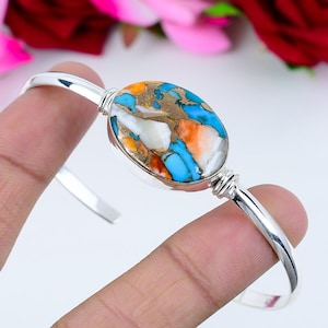 Spiny Oyster Cuff Bangle Gemstone 925 Sterling Silver Bangle Handmade Bangle Spiny Oyster Bangle Women&#39;s Bangle Gift For Her