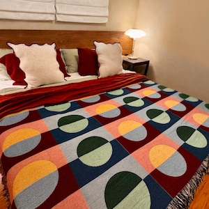 Woven Cotton Throw Blanket, Mid Century Modern Bauhaus Style, Colorful Geometric Sofa Cover, Retro Couch Decor, Funky MCM Home Accent Gift image 1