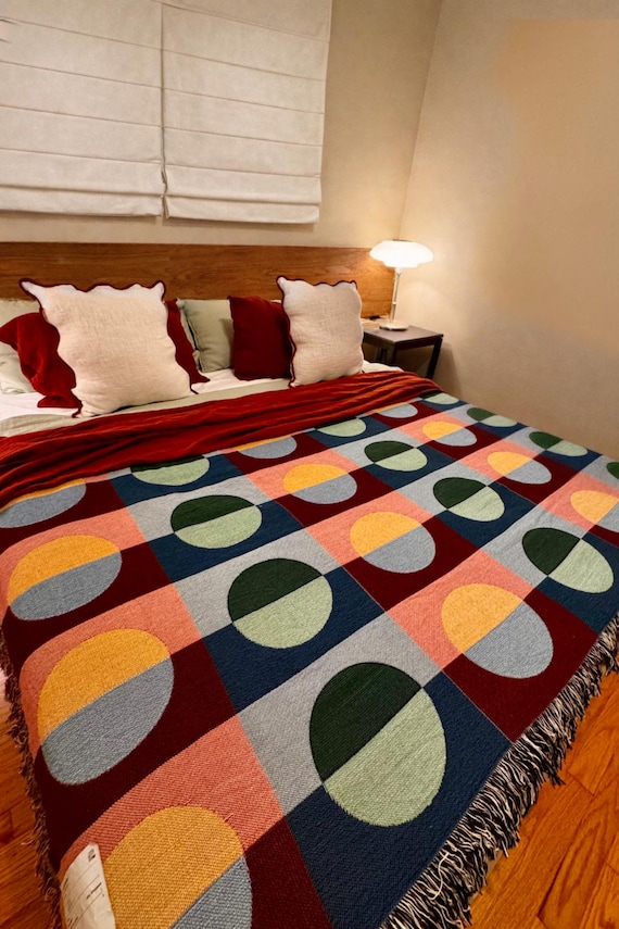 Woven Cotton Throw Blanket, Mid Century Modern Bauhaus Style, Colorful Geometric Sofa Cover, Retro Couch Decor, Funky MCM Home Accent Gift