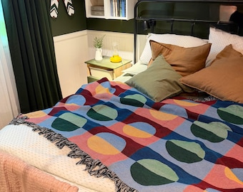 Geometric Throw Blanket, Mid Century Modern Decor, Colorful Woven Cotton Couch Throw, Bauhaus Style Sofa Cover, Retro Home Accent Gift