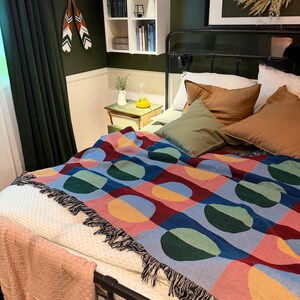 Woven Cotton Throw Blanket, Mid Century Modern Bauhaus Style, Colorful Geometric Sofa Cover, Retro Couch Decor, Funky MCM Home Accent Gift image 2
