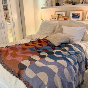 Geometric Throw Blanket, Mid Century Modern Decor, Colorful Woven Cotton Couch Throw, Bauhaus Style Sofa Cover, Retro Home Accent Gift