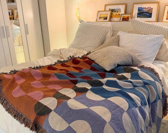 Geometric Throw Blanket, Mid Century Modern Decor, Colorful Woven Cotton Couch Throw, Bauhaus Style Sofa Cover, Retro Home Accent Gift
