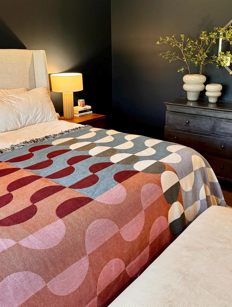 Mid Century Modern Woven Blanket Bauhaus Geometric Colorful Coverlet Throw Cotton Quilt Retro Boho Bedspread “The Favorite”