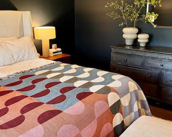 Mid-Century Modern Throw Blanket: Geometric Color Block Woven Cotton