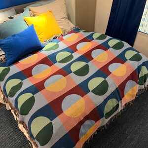 Woven Cotton Throw Blanket, Mid Century Modern Bauhaus Style, Colorful Geometric Sofa Cover, Retro Couch Decor, Funky MCM Home Accent Gift image 3