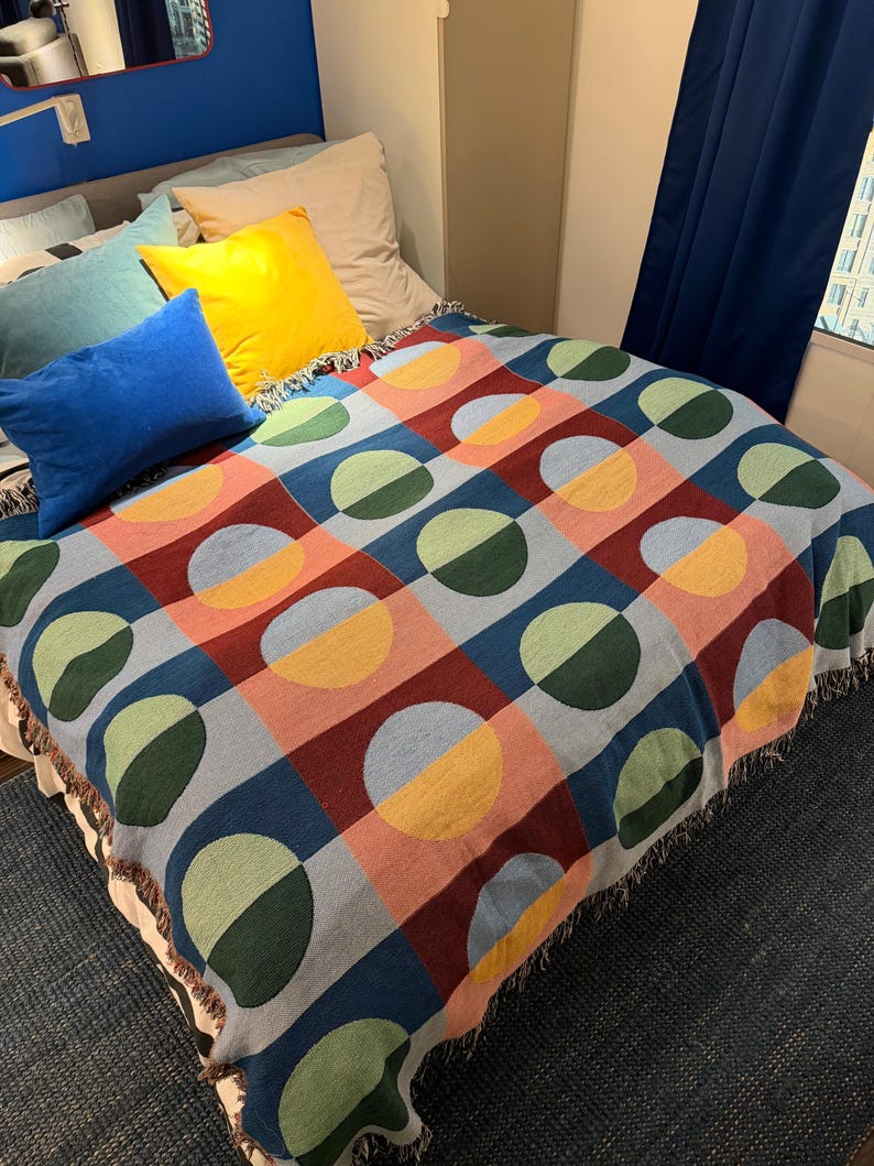 Woven Cotton Throw Blanket, Mid Century Modern Bauhaus Style, Colorful Geometric Sofa Cover, Retro Couch Decor, Funky MCM Home Accent Gift image 3