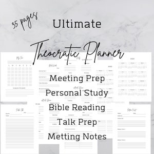 May include: A black and white printable planner with the title "Ultimate Theocratic Planner" and a calendar for the year 2022. The planner includes sections for meeting prep, personal study, bible reading, talk prep, and meeting notes.
