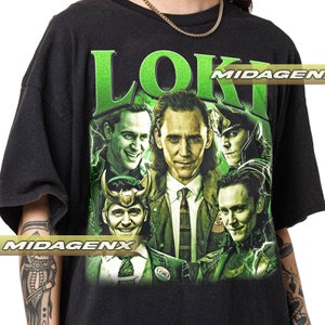 May include: Black t-shirt with a green and white graphic of different versions of the character Loki from the Marvel Cinematic Universe. The text "Loki" is in large green letters at the top of the graphic.
