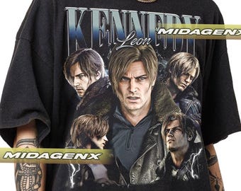 May include: Black t-shirt featuring a graphic of a man with multiple images of the same man in different poses. The word "KENNEDY" is printed across the top in a blue gradient, with the name "Leon" below. The shirt has a vintage style.