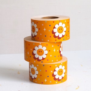 Packing Tape Happy Flower | Smiley Water Activated Packaging Tape | Printed Eco-friendly Paper Shipping Tape for Small Business and Gifts