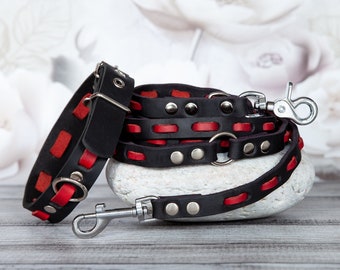 Red-Black Set: Handmade Leather Dog Leash & Collar. Luxury leather collar dog leash. Handmade dog collar leash dog
